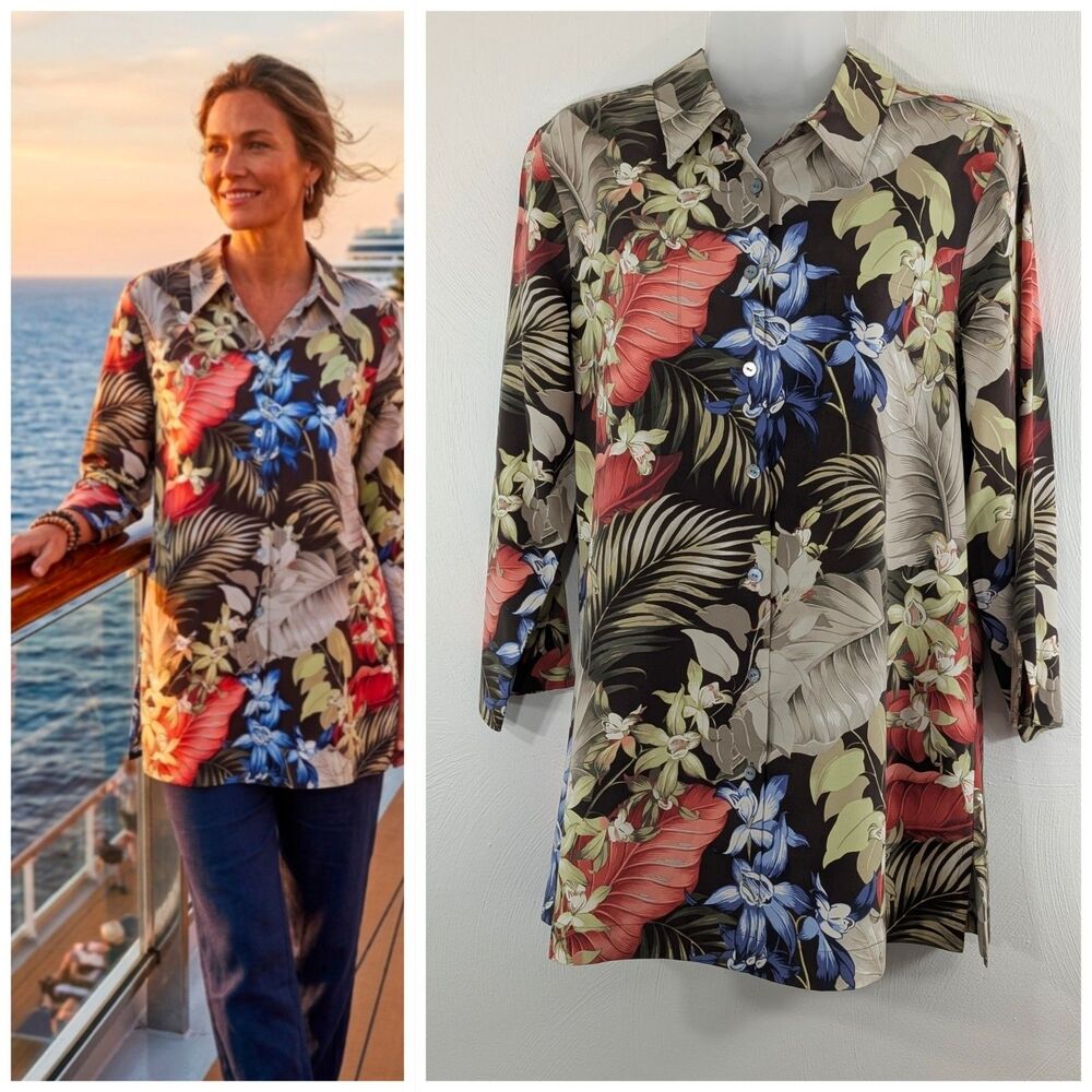 Tommy Bahama M Silk Hibiscus Camp Shirt Oversized Hawaiian Flowy Cruise Ready